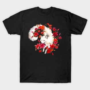 White Fox Red Lilies - Acrylic Animal and Flowers Painting T-Shirt